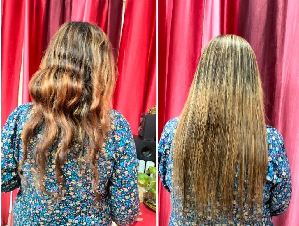 Hair highlights and straightening result
